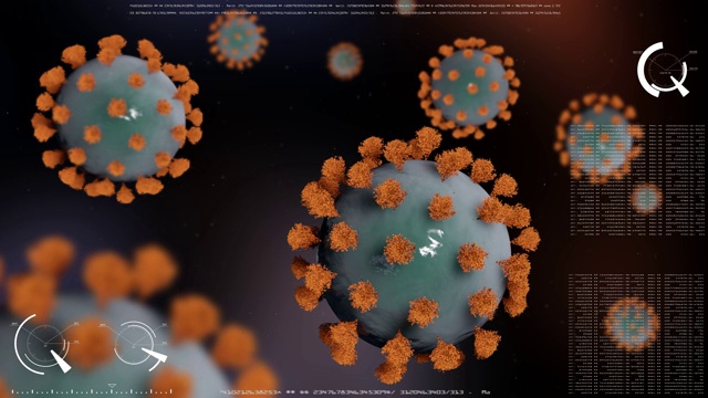 COVID-19冠状病毒细胞。许多带有笔刷的病毒细胞在数据处理的真实背景上旋转和随机移动。这台相机用景深拍摄。飞行的粒子。4 k。视频素材