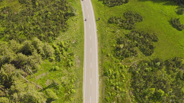 鸟瞰图飞过两车道森林道路与汽车移动绿树的树林生长的两侧。汽车在森林道路上行驶。空中:汽车穿过松林。德国黑森林天线视频素材