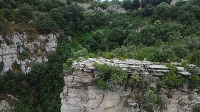 航拍拍摄的植物岩石悬崖附近的河流。无人机飞越绿色景观——西班牙塔弗泰视频素材