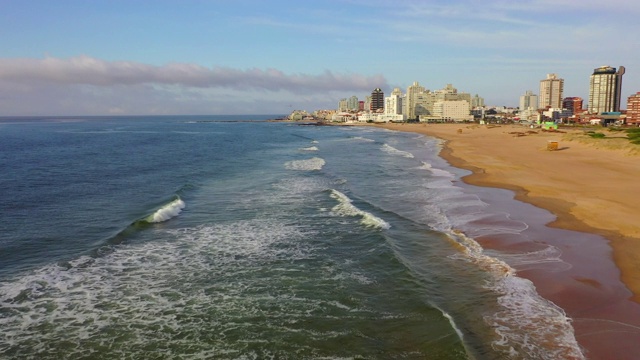 航拍鸟类在城市附近的海浪上飞行，无人机从海滩向后飞向天空-乌拉圭埃斯特角塔视频素材