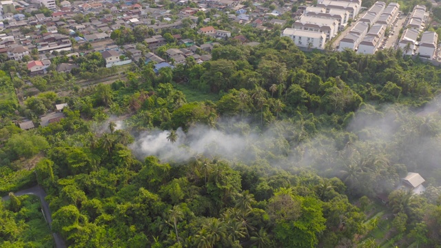 从空中看到的烟雾从燃烧在森林与绿色的树木在曼谷市，泰国。自然景观背景中的空气污染和环境概念。全球变暖视频素材