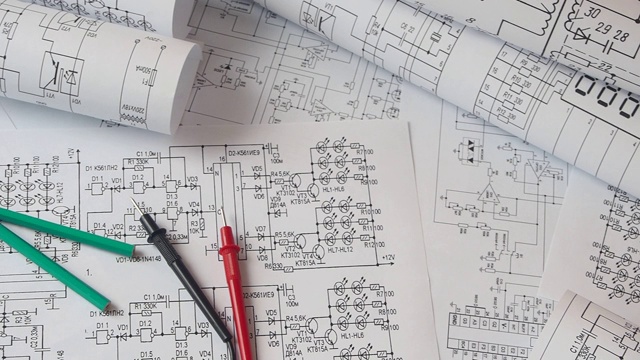 电气工程图纸，数字万用表和铅笔。电子工程师的项目。视频素材