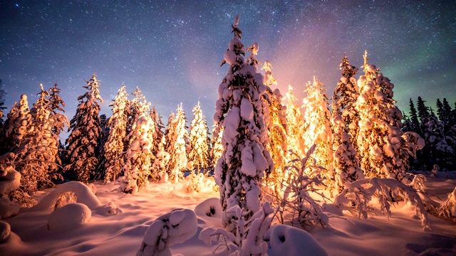 在拉普兰的雪地森林里，篝火上的北极光视频素材