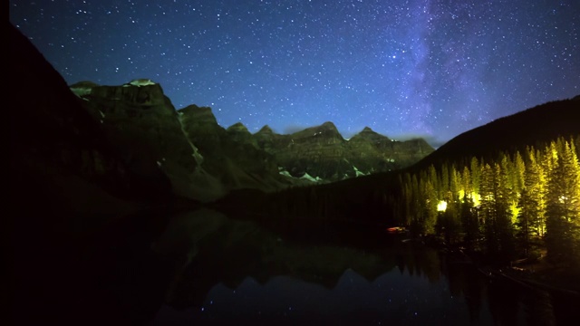 加拿大班夫，夜晚在湖旁的山脉与银河的反射的时间流逝视频素材