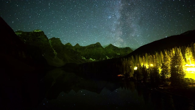 加拿大班夫，在夜晚的冰碛湖对着银河拍摄山脉的时间流逝视频素材