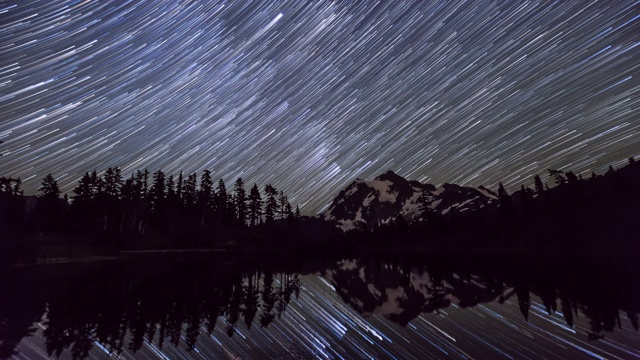 锁定时间推移拍摄的星迹与照片湖上的树反射-贝克山，华盛顿视频素材