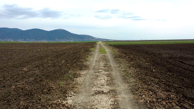 低空飞行在农田之间的土路上视频素材