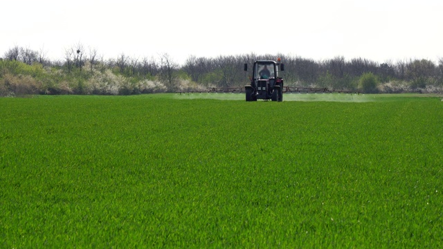 农用拖拉机喷洒绿色麦田视频素材