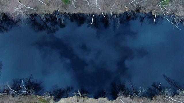 鸟瞰图反射的天空云在蓝色的水的森林湖在日落。美丽的风景云在水中从无人机视频素材