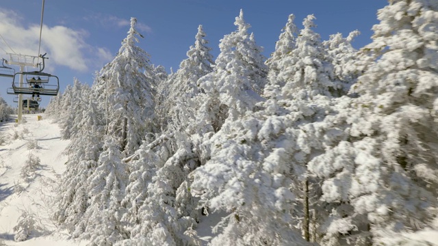 从缆车上俯瞰山坡上覆盖着积雪的树木视频素材