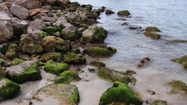 海地，平静的小海浪拍打着拉巴德岛的岩石。视频素材