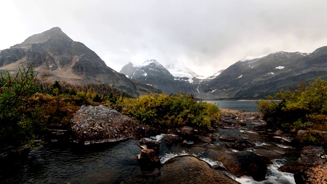 在加拿大卑诗省公园，阿西尼博因山和马戈克湖的小溪在雨天流淌视频素材