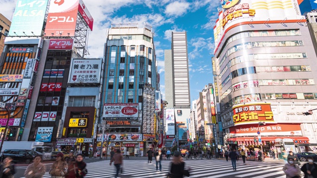 在日本东京新宿区哥斯拉路购物街上行走的行人，4K延时:车流和人群视频素材