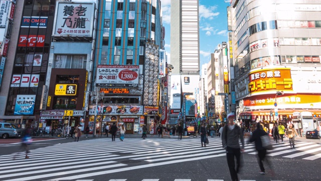 在日本东京新宿区哥斯拉路购物街上行走的行人，4K延时:车流和人群视频素材