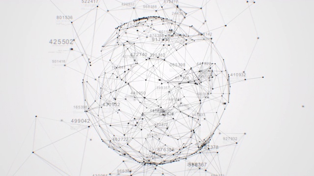 在具有多连接和流动信息的数字空间中旋转的网格球。美丽的循环3d动画。技术的概念。视频素材