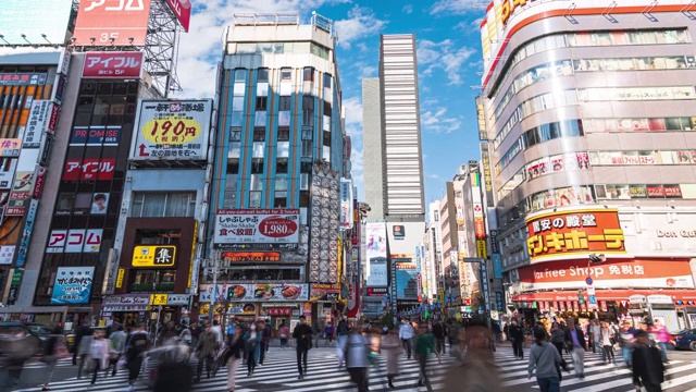 在日本东京新宿区哥斯拉路购物街上行走的行人，4K延时:缩小交通和人群视频素材