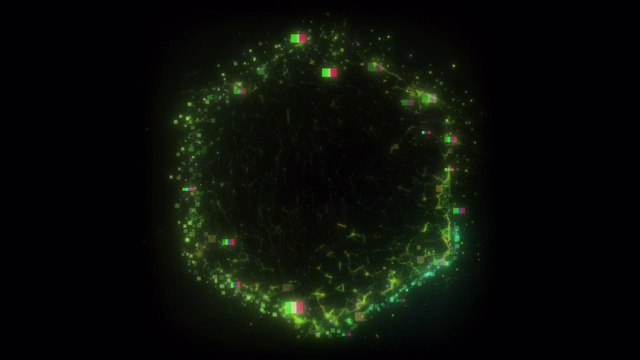 无缝循环。一个绿色六角形的入口动画，由小故障的方块和能量块组成，隔离在黑色背景上，用alpha luma哑光特效CG 4k。空间门。科幻小说。未来。视频素材