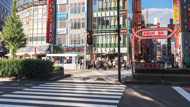 在日本东京新宿歌舞伎町购物街上行走的行人，4K延时:缩小交通和人群视频素材