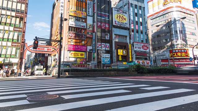 在日本东京新宿歌舞伎町购物街上行走的行人，4K延时:缩小交通和人群视频素材