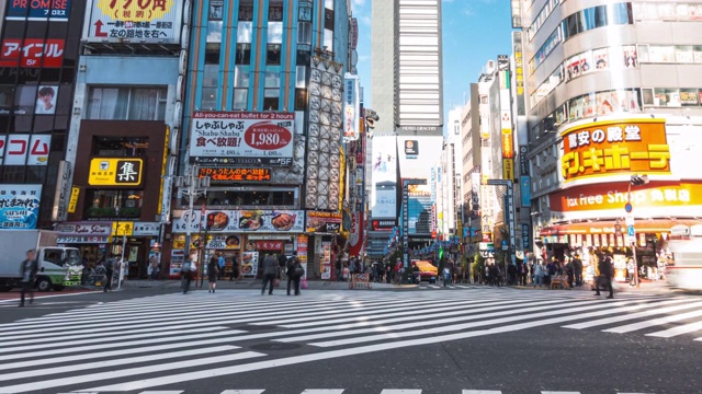 在日本东京新宿区哥斯拉路购物街上行走的行人，4K延时:缩小交通和人群视频素材