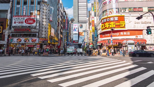 交通拥挤的行人走在日本东京新宿地区哥斯拉路的购物街上视频素材