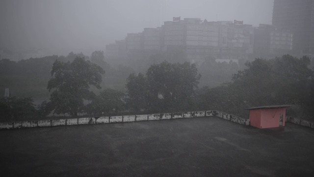 雨天以高角度观看，停车场屋顶满是树木和办公楼的背景视频素材