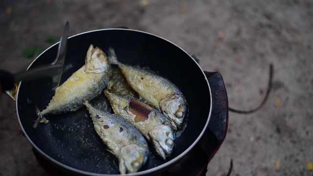 厨师用平底锅煎鱼。视频素材