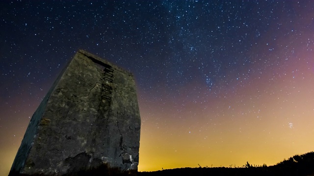 煤矿入口与一个夏天的星夜为背景，Figueira da Foz，葡萄牙-时间推移视频下载