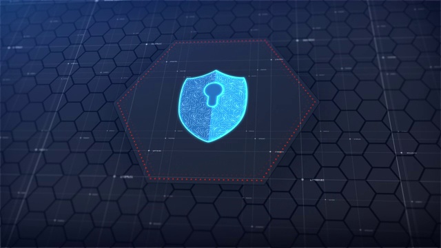 六角形数字hud和网络安全盾牌图标。数字数据网络保护。高速连接数据分析。技术数据二进制码网络传输。未来的技术背景视频素材