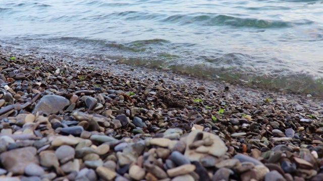 平静平静的海浪拍打着卵石滩，傍晚的海岸视频素材