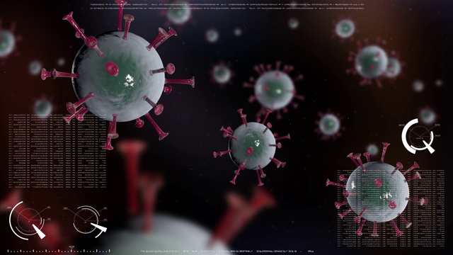 COVID-19冠状病毒细胞。大流行。许多带有红色尖刺的病毒细胞在数据处理的真实背景下随机旋转和移动。这台相机用景深拍摄。4 k。视频素材