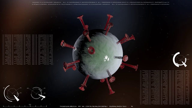 大流行。KOVID-19冠状病毒。一个带有红色尖刺的病毒细胞在真实的数据处理背景下。飞行的粒子。4 k。3 d动画。视频素材