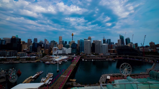 一段时间的全景海湾地区在达令港在悉尼高角度广角拍摄视频素材