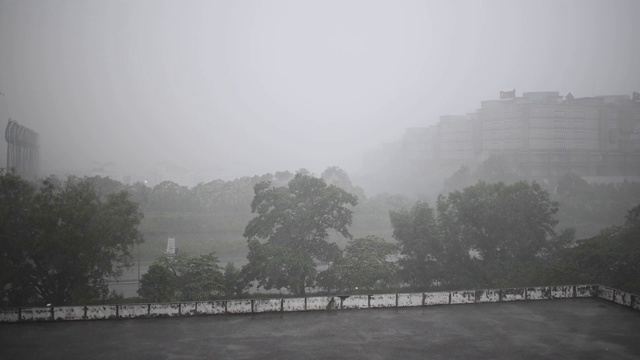 雨天与高角度的视野，停车场屋顶与树木和办公楼的背景视频素材