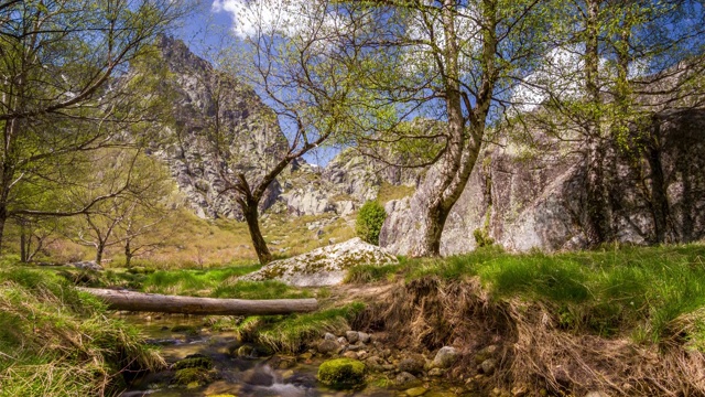 一条小溪和一个树干穿过它连接两岸，Covao d’ametade, Serra da Estrela自然公园，葡萄牙- Timelapse视频下载