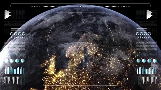 行星地球的分析显示。3d地球仪动画，夜景。世界数据技术HUD界面4k。视频素材