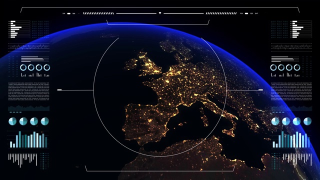 行星地球的分析显示。3d地球仪动画，夜景。世界数据技术HUD界面4k。视频素材