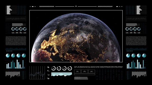 行星地球的分析显示。3d地球仪动画，夜景。世界数据技术HUD界面4k。视频素材