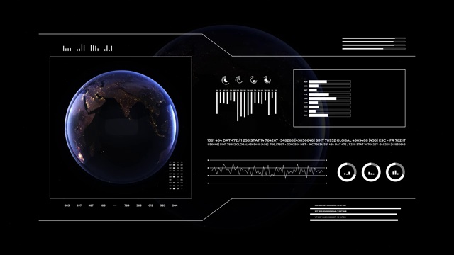 行星地球的分析显示。3d地球仪动画，夜景。世界数据技术HUD界面4k。视频素材