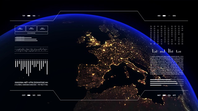 行星地球的分析显示。3d地球仪动画，夜景。世界数据技术HUD界面4k。视频素材