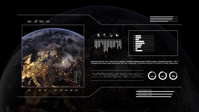 行星地球的分析显示。3d地球仪动画，夜景。世界数据技术HUD界面4k。视频素材