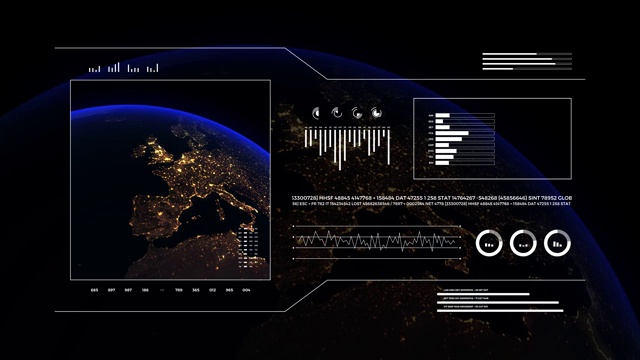 行星地球的分析显示。3d地球仪动画，夜景。世界数据技术HUD界面4k。视频素材