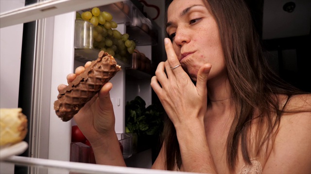 女人晚上打开冰箱，吃了一份甜点和零食视频素材