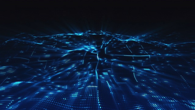 4K运动图形蓝色数字粒子波流和光，数字空间抽象背景视频素材