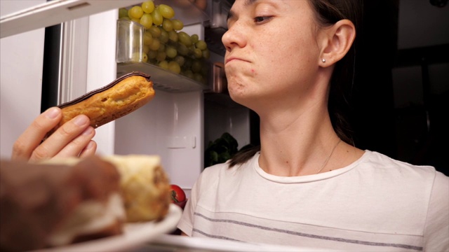 节食妇女抵制吃甜点的诱惑视频素材