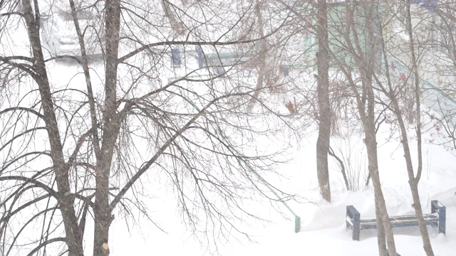 城市环境中的暴风雪。抽象模糊的冬季天气背景视频下载