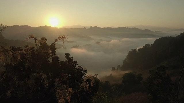 鸟瞰图的雾滚过流动在泰国北部的雨林山视频素材