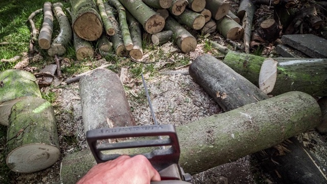 POV -用链锯砍柴视频素材