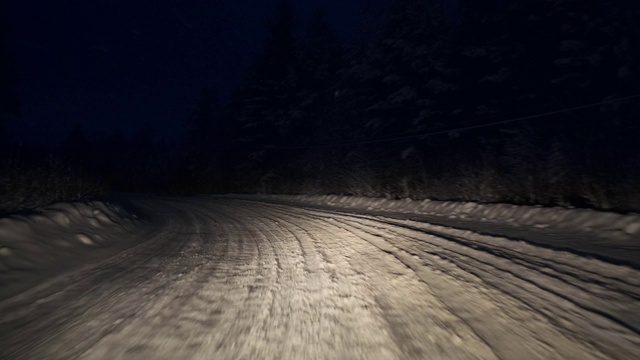 晚上在森林里的雪地上开车。观点视频素材