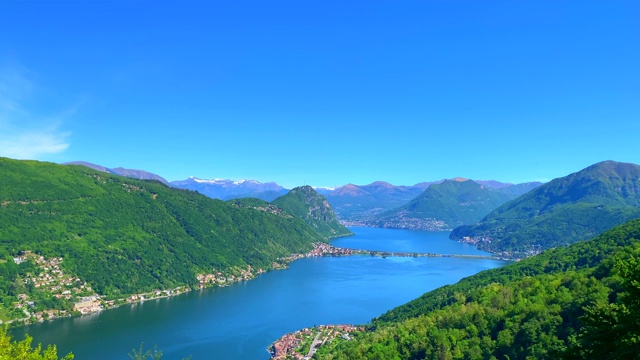 在阳光灿烂的日子里，卢加诺湖和高山的全景视频素材